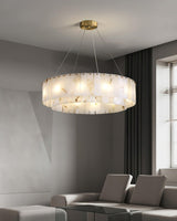 Modern Rock Alabaster Round Chandelier with Brass Hardware for Dining Room
