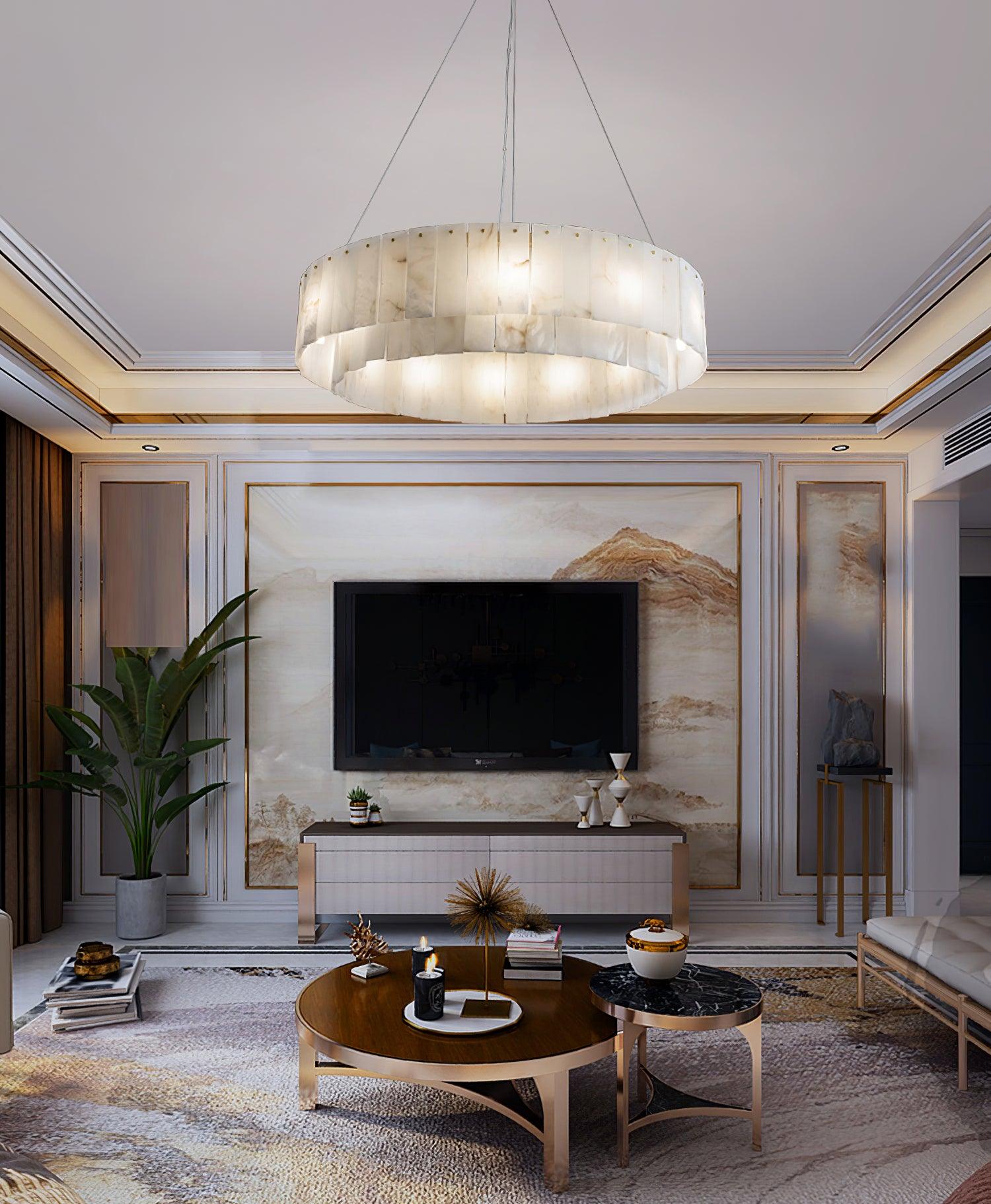 Modern Rock Alabaster Round Chandelier with Brass Hardware for Dining Room