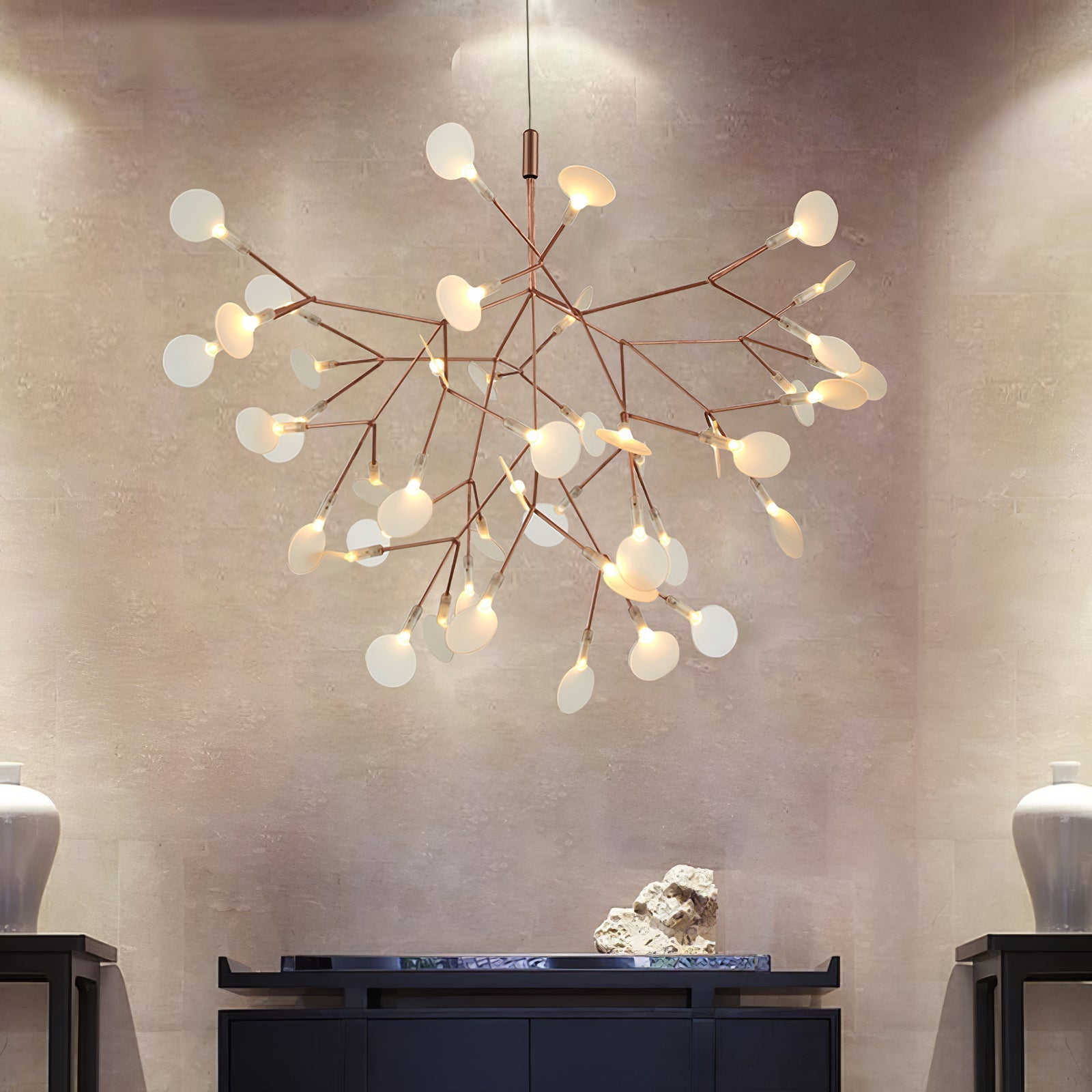 Modern Rose Gold Firefly LED Chandelier Contemporary Nature Inspired Leaf Pendant Lighting