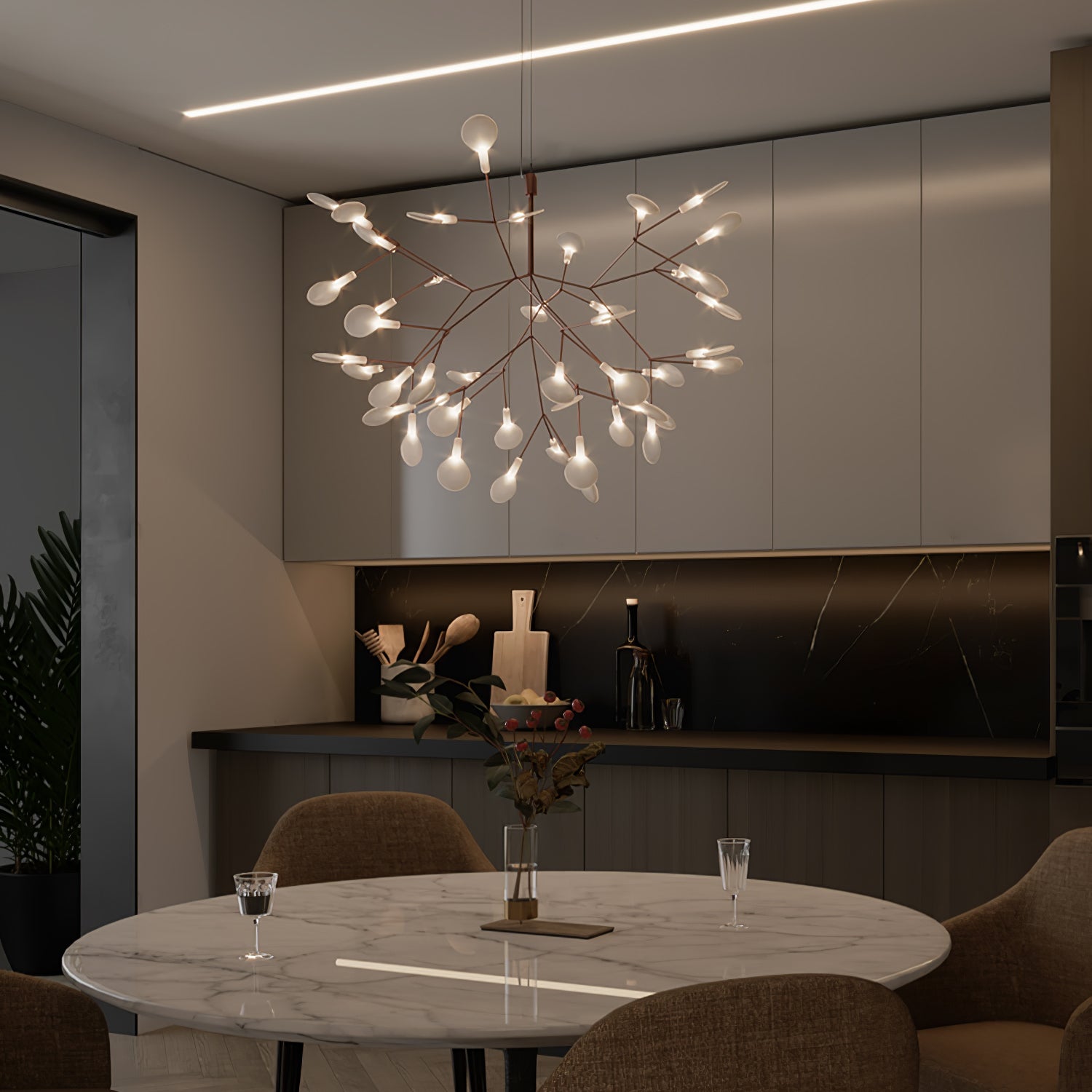 Modern Rose Gold Firefly LED Chandelier Contemporary Nature Inspired Leaf Pendant Lighting