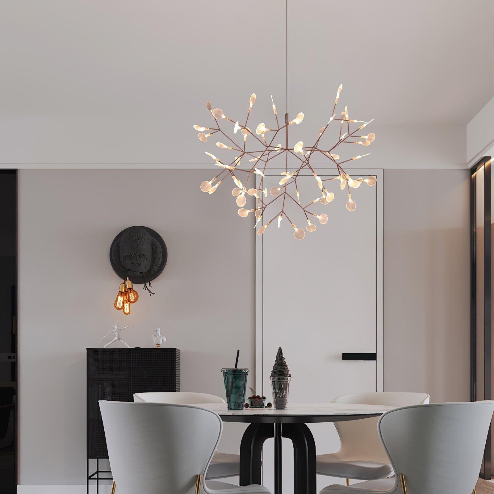 Modern Rose Gold Firefly LED Chandelier Contemporary Nature Inspired Leaf Pendant Lighting