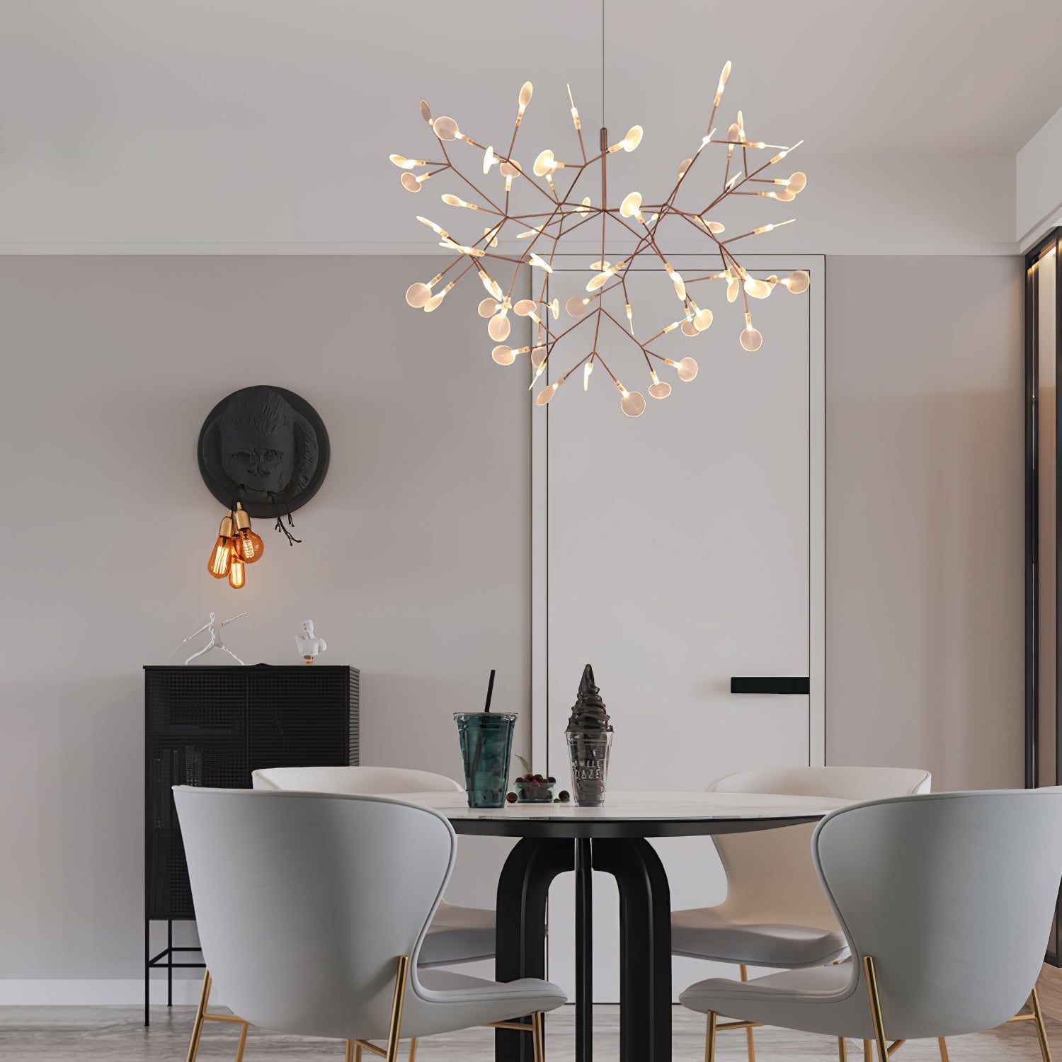 Modern Rose Gold Firefly LED Chandelier Contemporary Nature Inspired Leaf Pendant Lighting