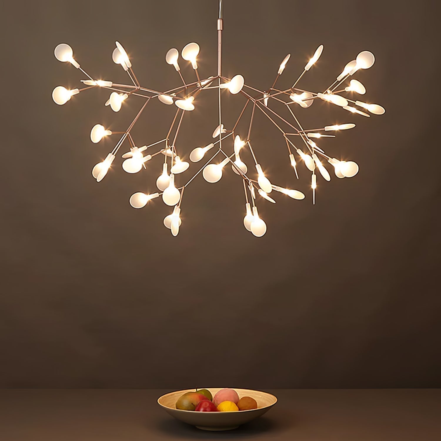 Modern Rose Gold Firefly LED Chandelier Contemporary Nature Inspired Leaf Pendant Lighting
