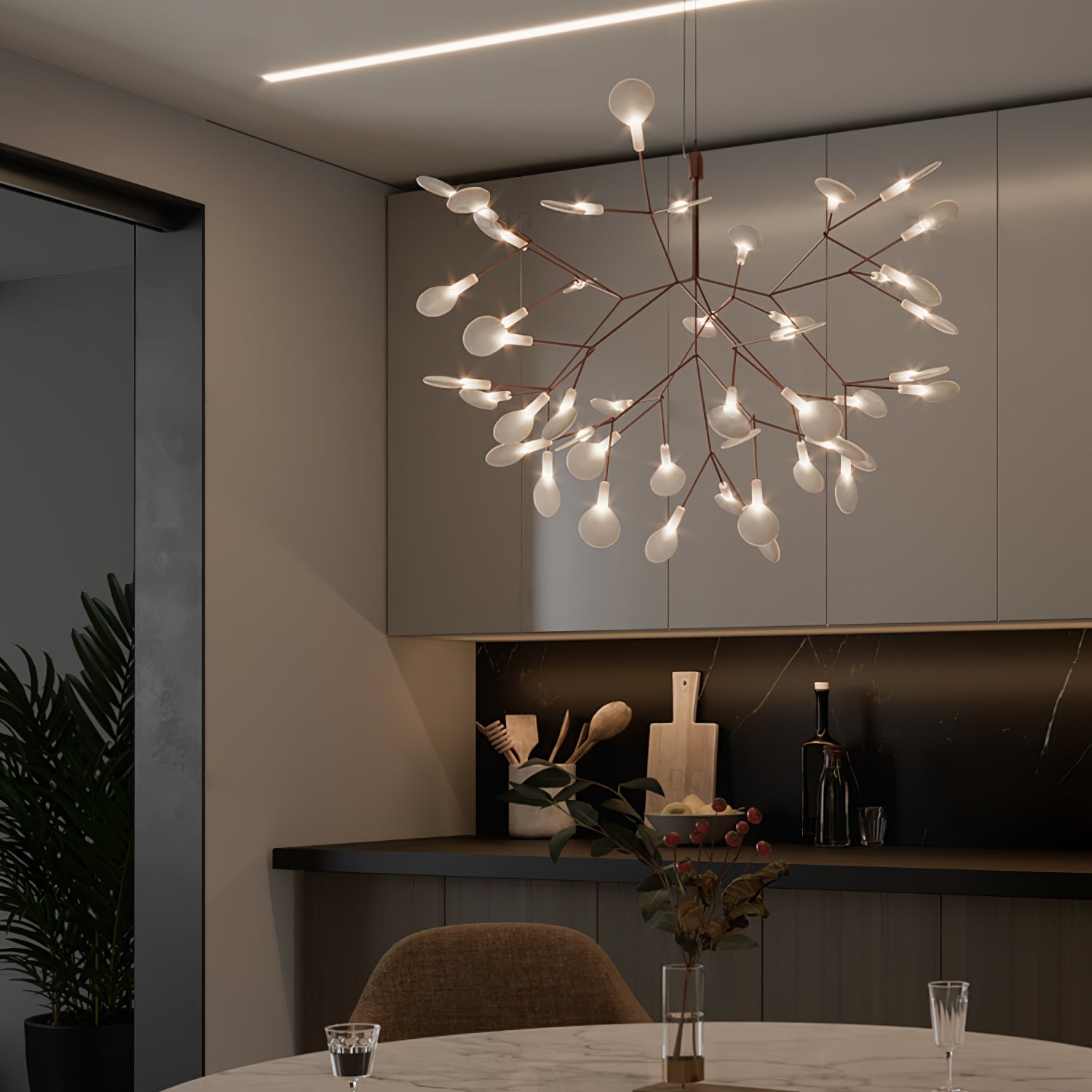 Modern Rose Gold Firefly LED Chandelier Contemporary Nature Inspired Leaf Pendant Lighting