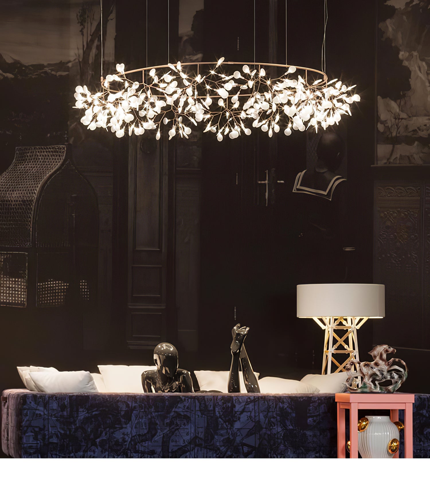 Modern Rose Gold Firefly LED Chandelier Contemporary Nature Inspired Leaf Pendant Lighting