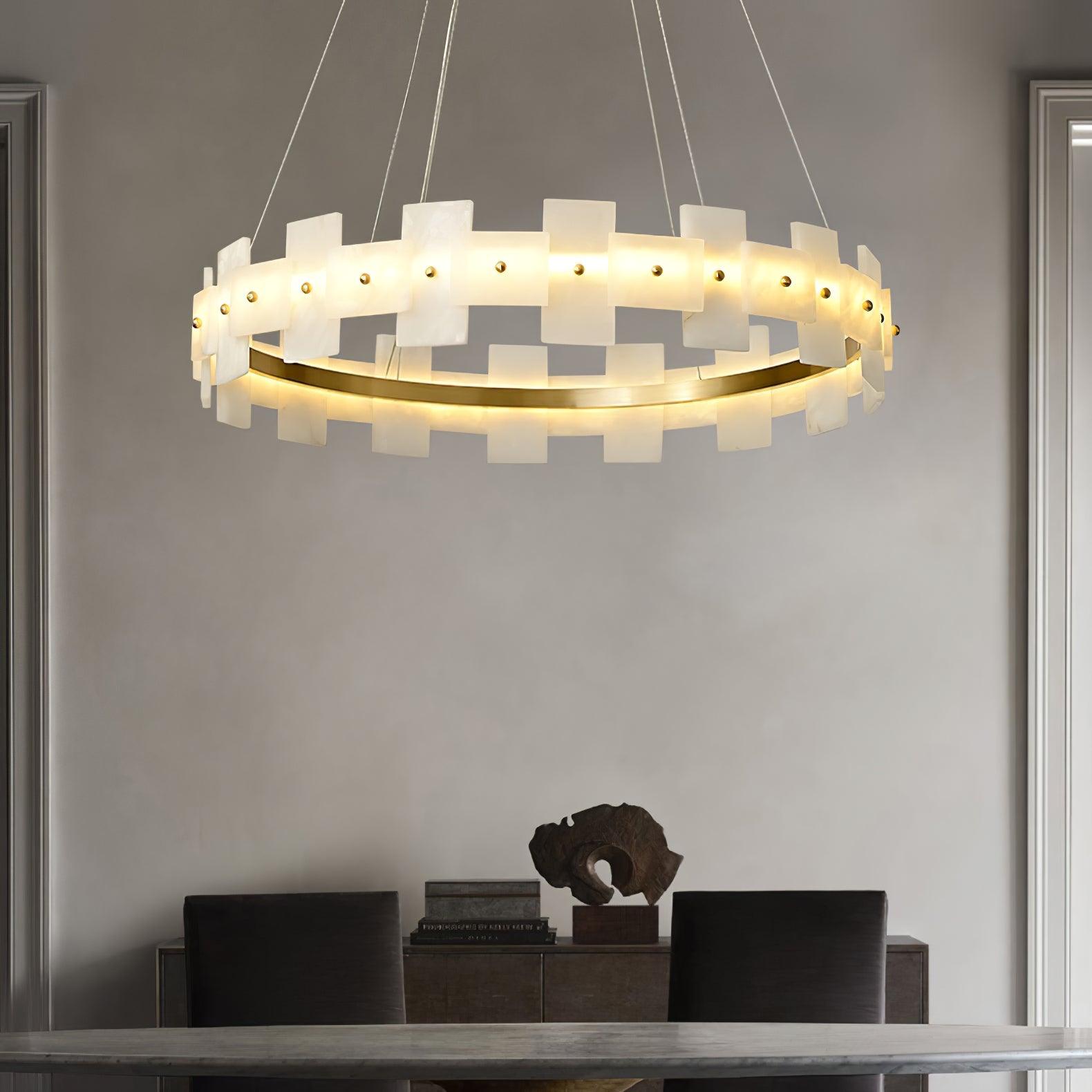 Modern Round Alabaster Halo Chandelier with Antique Brass Ring for Dining Room