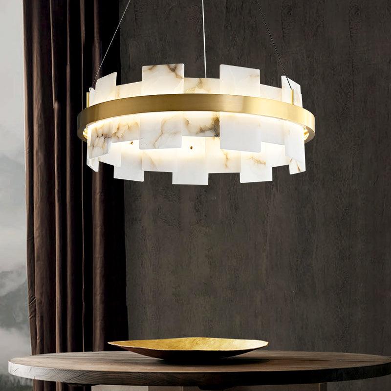 Modern Round Alabaster Halo Chandelier with Antique Brass Ring for Dining Room