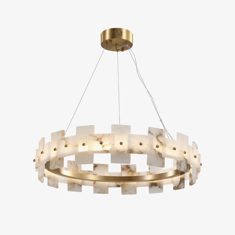Modern Round Alabaster Halo Chandelier with Antique Brass Ring for Dining Room