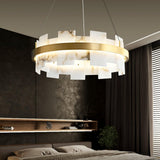 Modern Round Alabaster Halo Chandelier with Antique Brass Ring for Dining Room