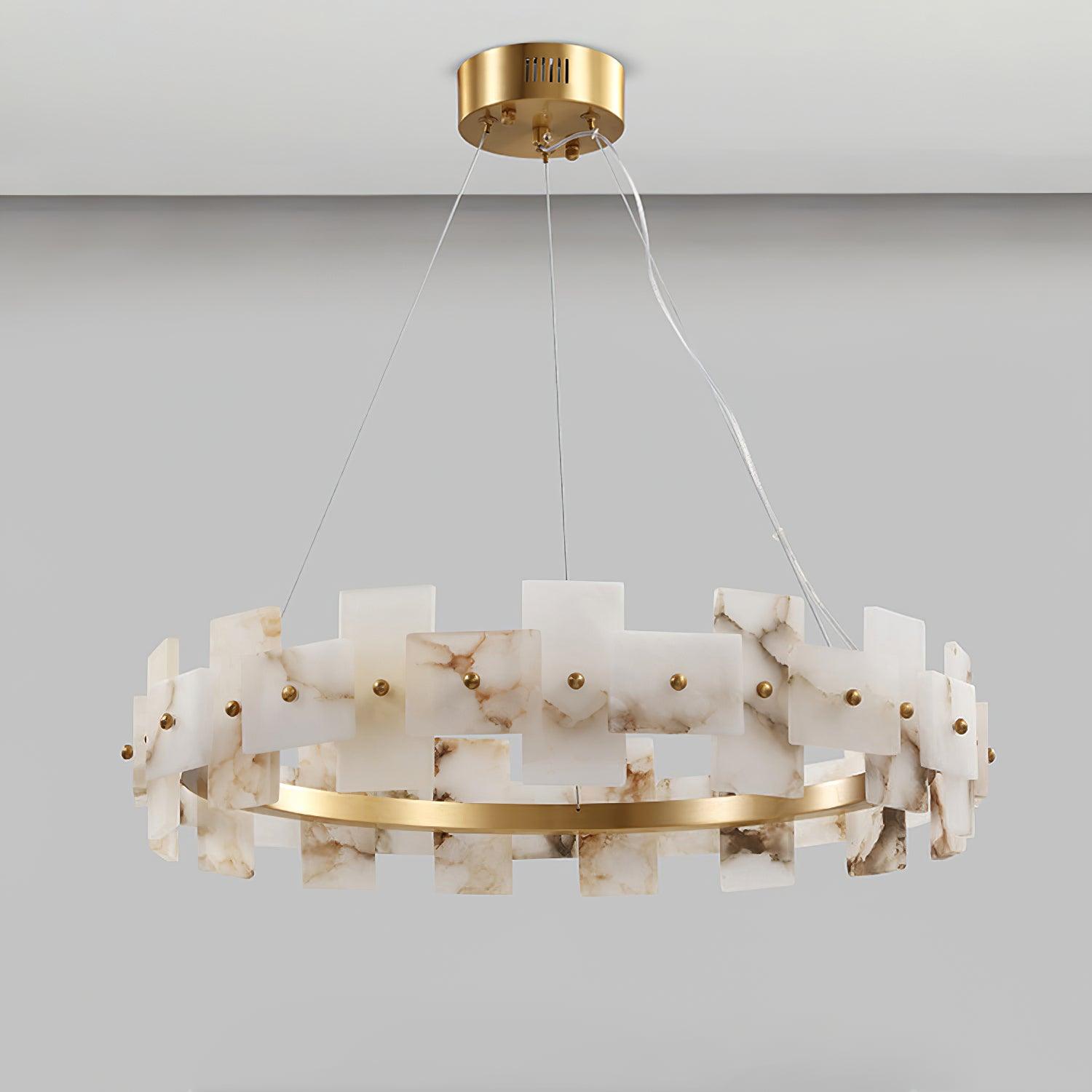 Modern Round Alabaster Halo Chandelier with Antique Brass Ring for Dining Room