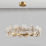 Modern Round Alabaster Halo Chandelier with Antique Brass Ring for Dining Room