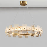 Modern Round Alabaster Halo Chandelier with Antique Brass Ring for Dining Room
