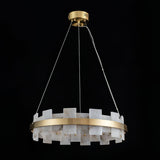 Modern Round Alabaster Halo Chandelier with Antique Brass Ring for Dining Room