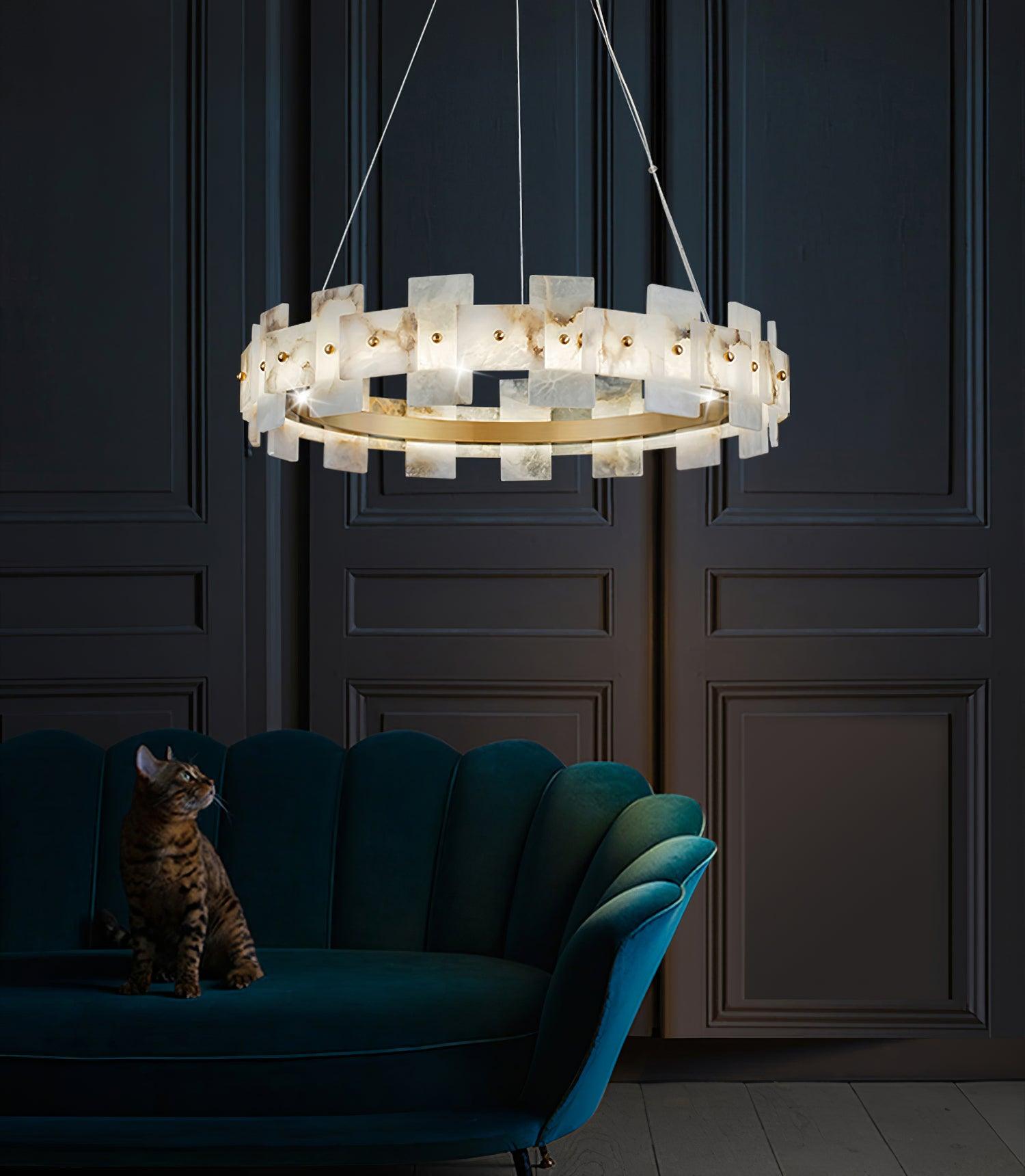 Modern Round Alabaster Halo Chandelier with Antique Brass Ring for Dining Room