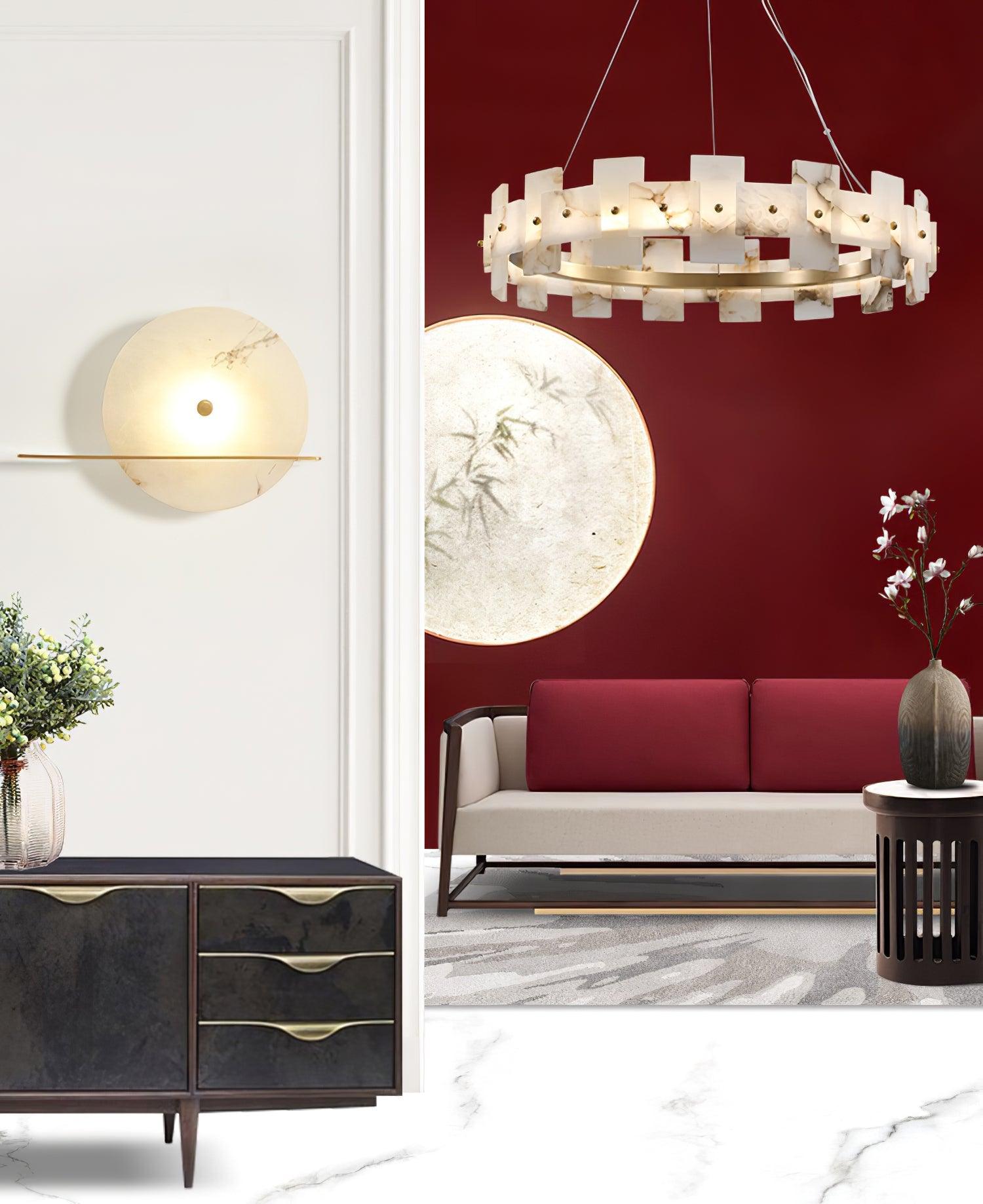 Modern Round Alabaster Halo Chandelier with Antique Brass Ring for Dining Room