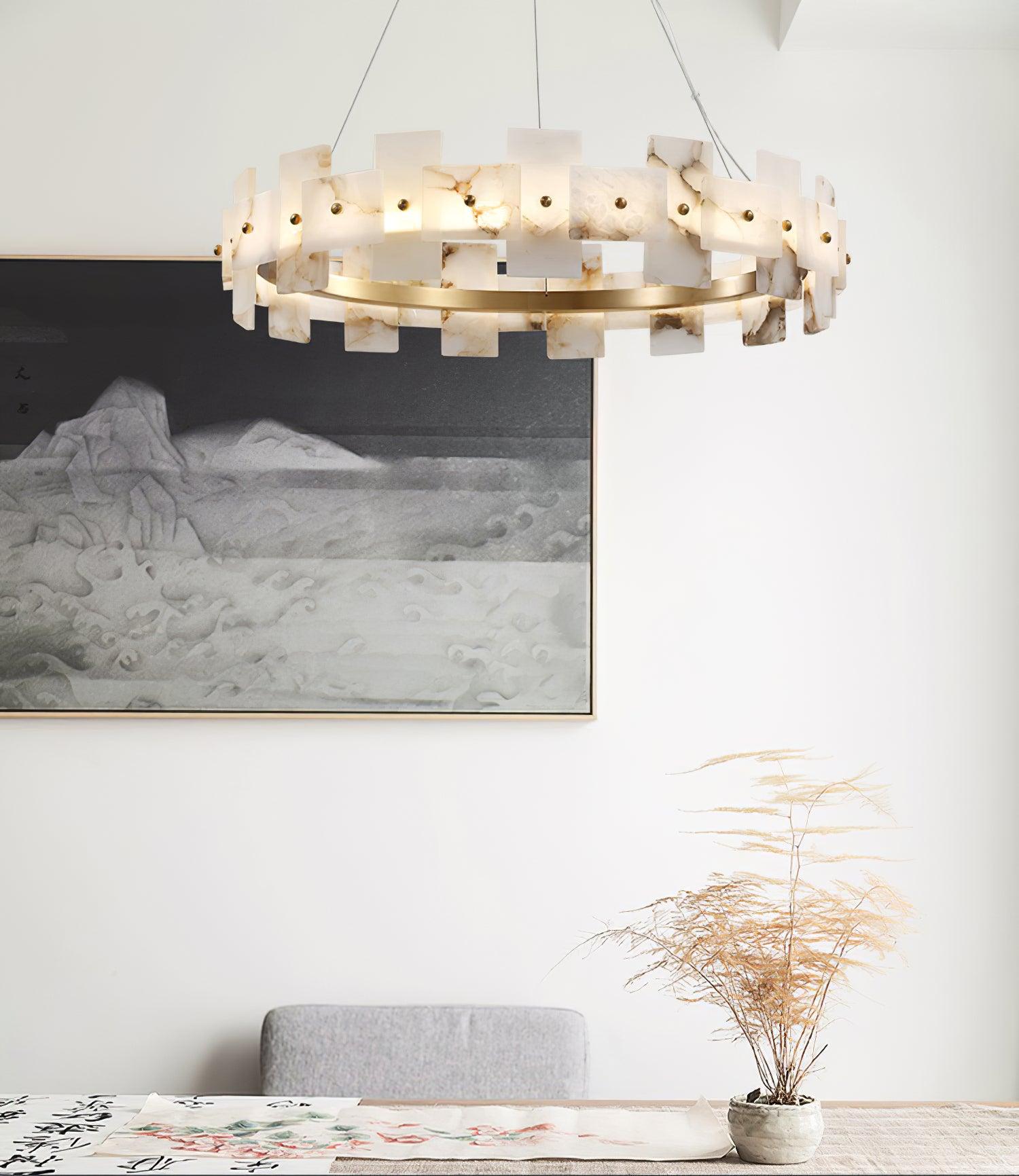 Modern Round Alabaster Halo Chandelier with Antique Brass Ring for Dining Room