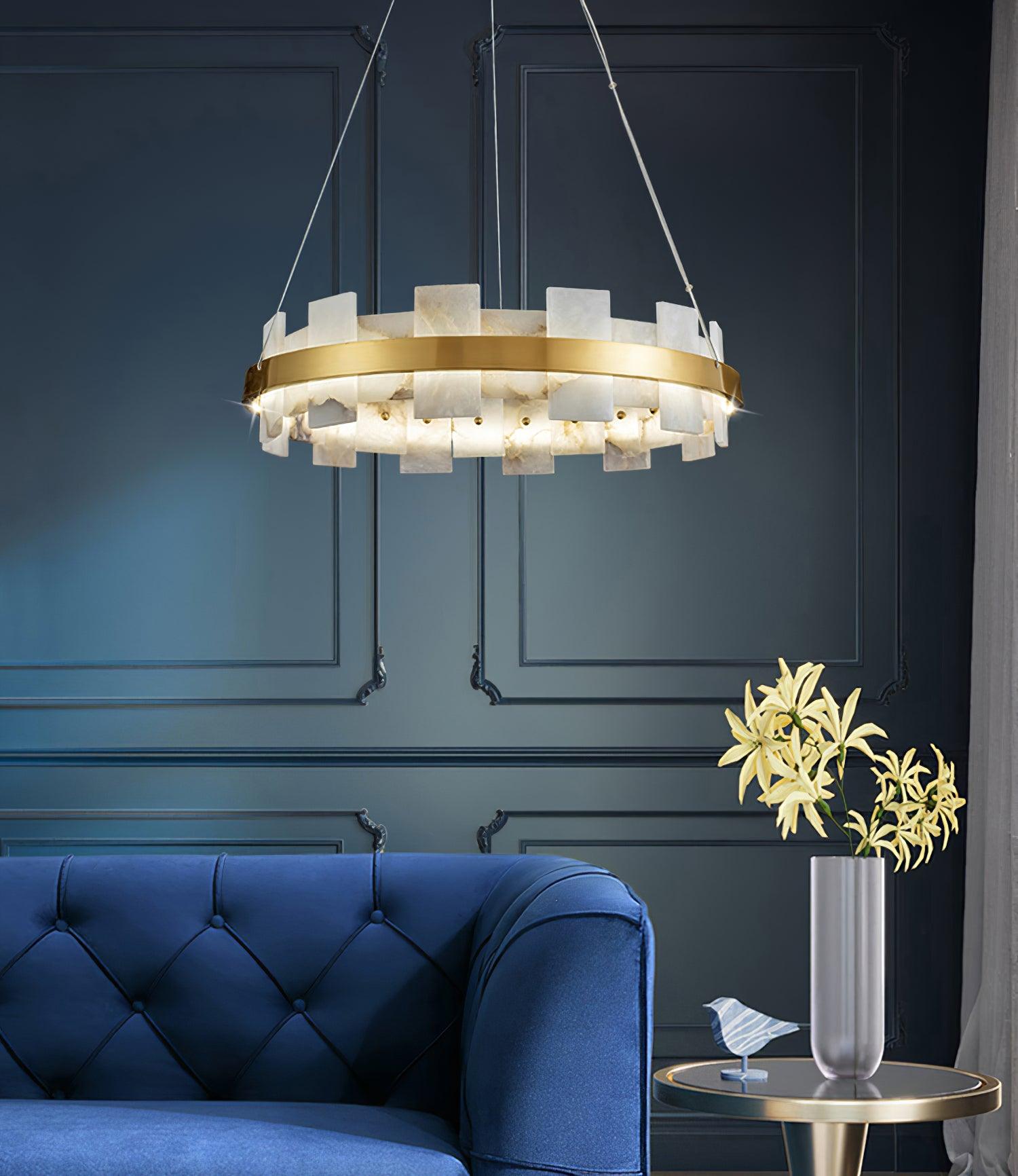 Modern Round Alabaster Halo Chandelier with Antique Brass Ring for Dining Room