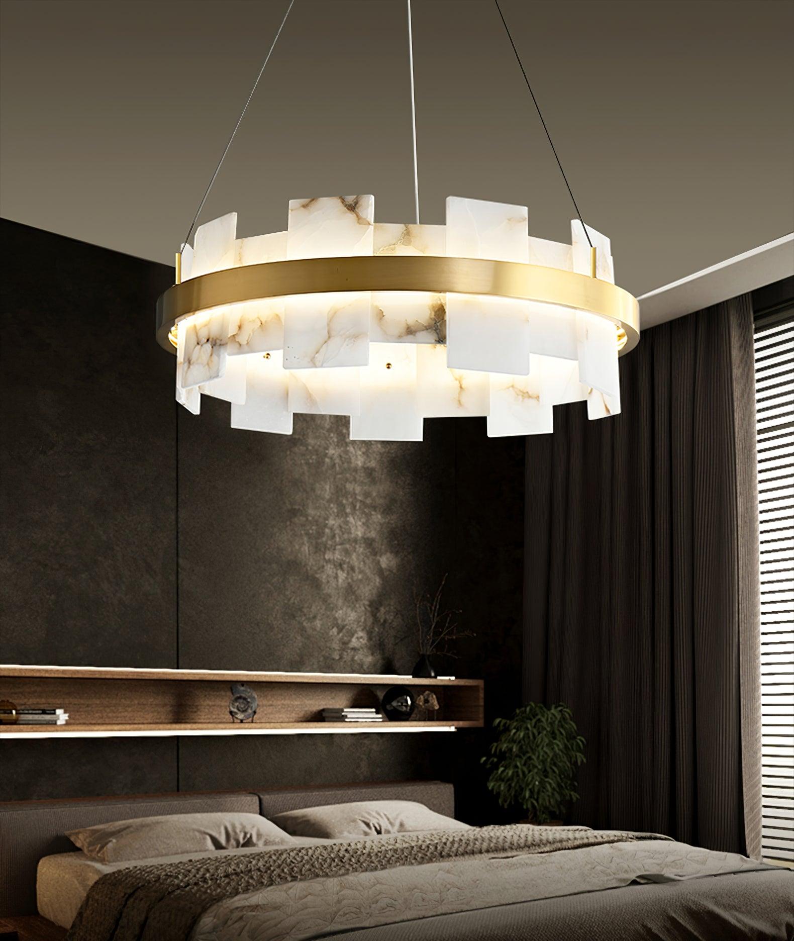 Modern Round Alabaster Halo Chandelier with Antique Brass Ring for Dining Room