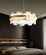 Modern Round Alabaster Halo Chandelier with Antique Brass Ring for Dining Room