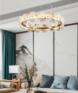 Modern Round Alabaster Halo Chandelier with Antique Brass Ring for Dining Room