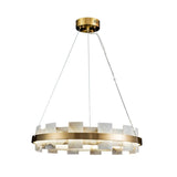 Modern Round Alabaster Halo Chandelier with Antique Brass Ring for Dining Room