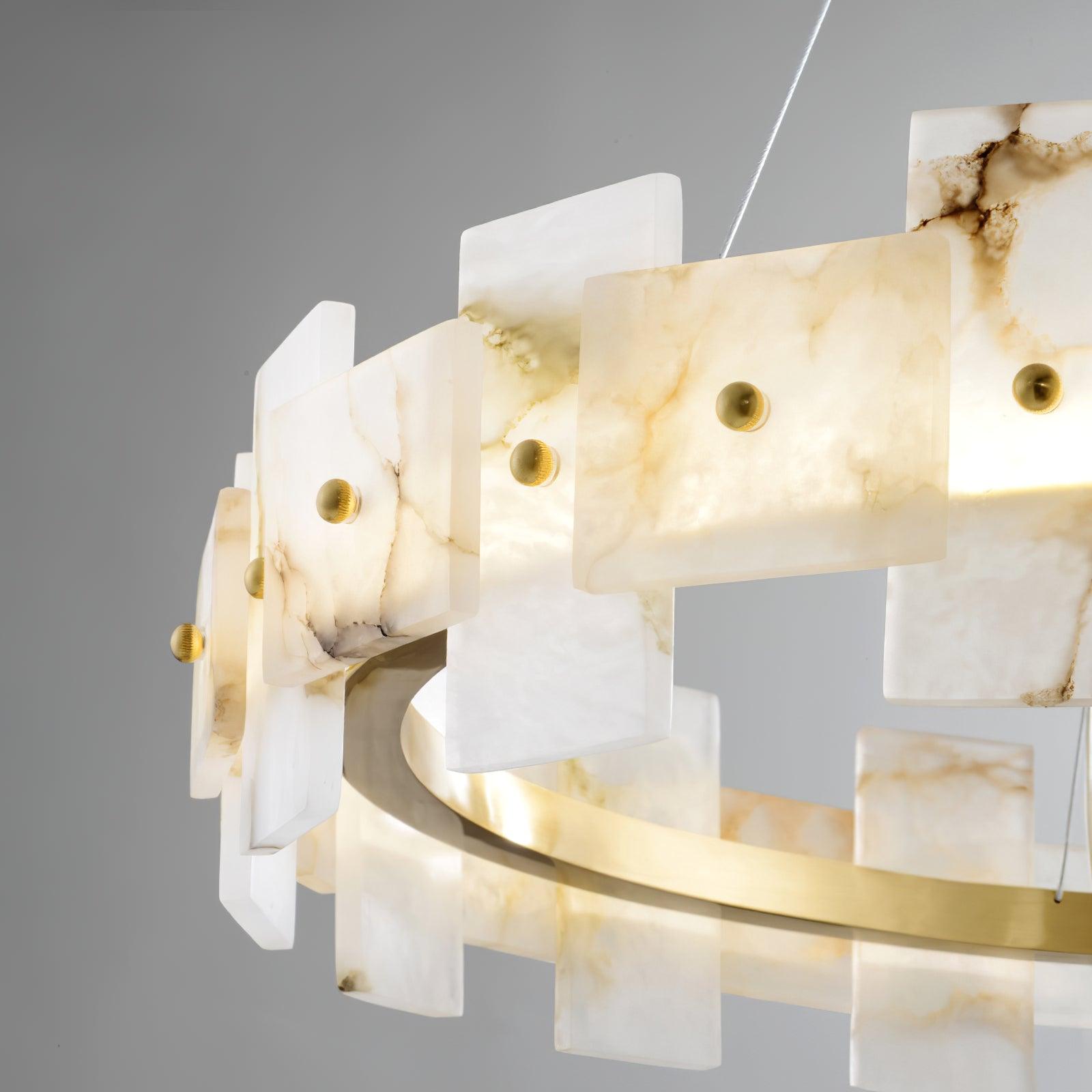 Modern Round Alabaster Halo Chandelier with Antique Brass Ring for Dining Room