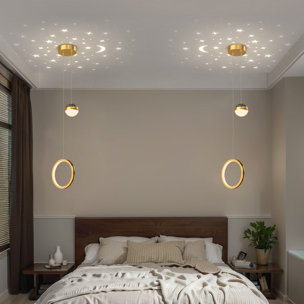 Modern Round and Oval Ring LED Pendant Light with Starry Sky Projection and 3 Color Dimming