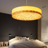 Modern Round Cherry Wood Drum Pendant Light 24 Inch Large Farmhouse LED Hanging Ceiling Fixture