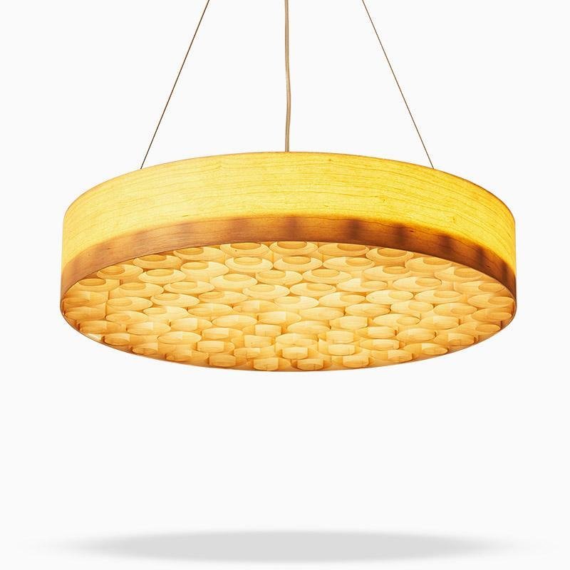 Modern Round Cherry Wood Drum Pendant Light 24 Inch Large Farmhouse LED Hanging Ceiling Fixture