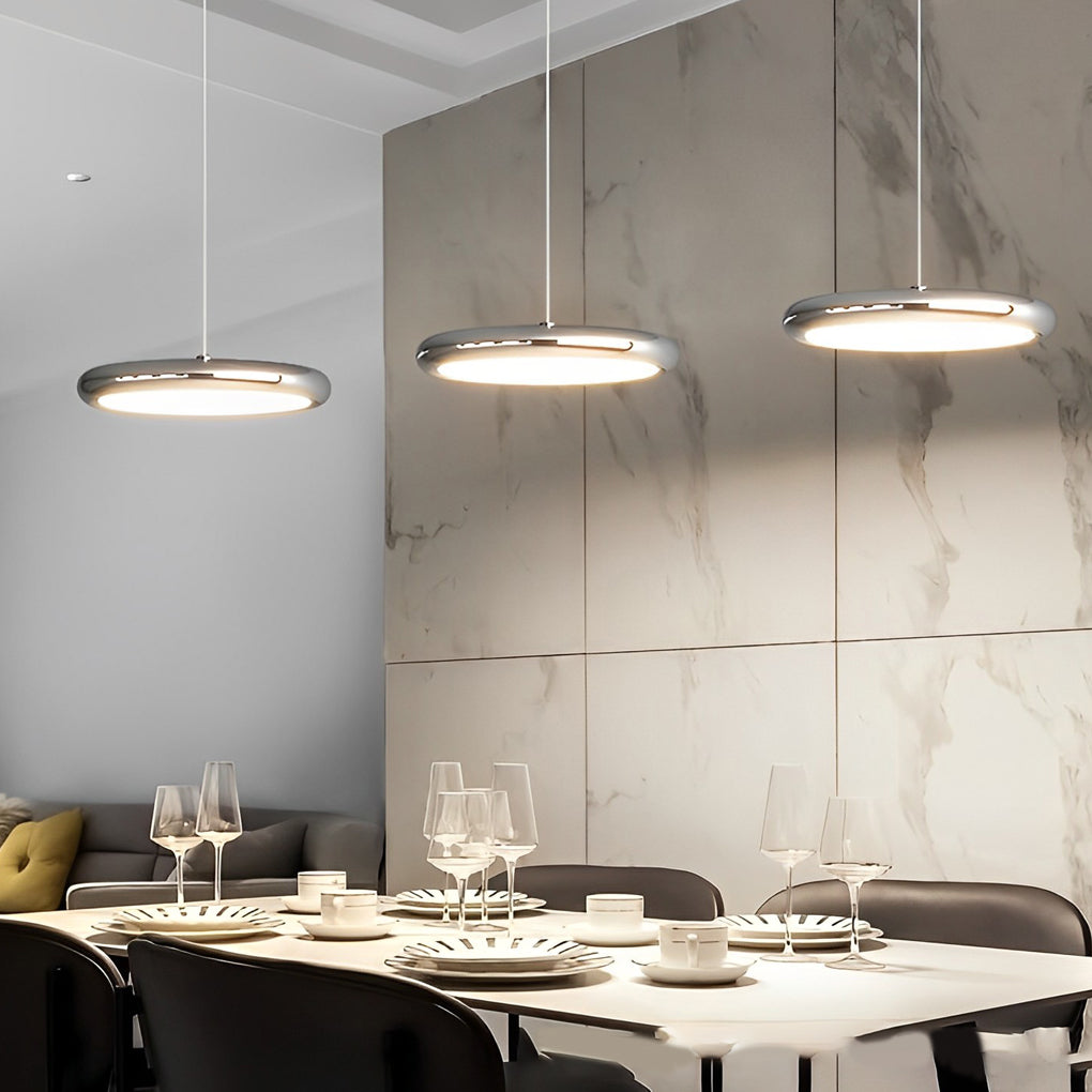 Modern Round Chrome LED Pendant Light Minimalist Aluminum Acrylic Chandelier for Dining Room
