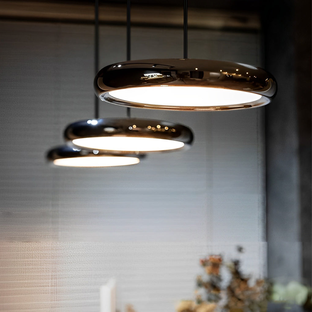 Modern Round Chrome LED Pendant Light Minimalist Aluminum Acrylic Chandelier for Dining Room