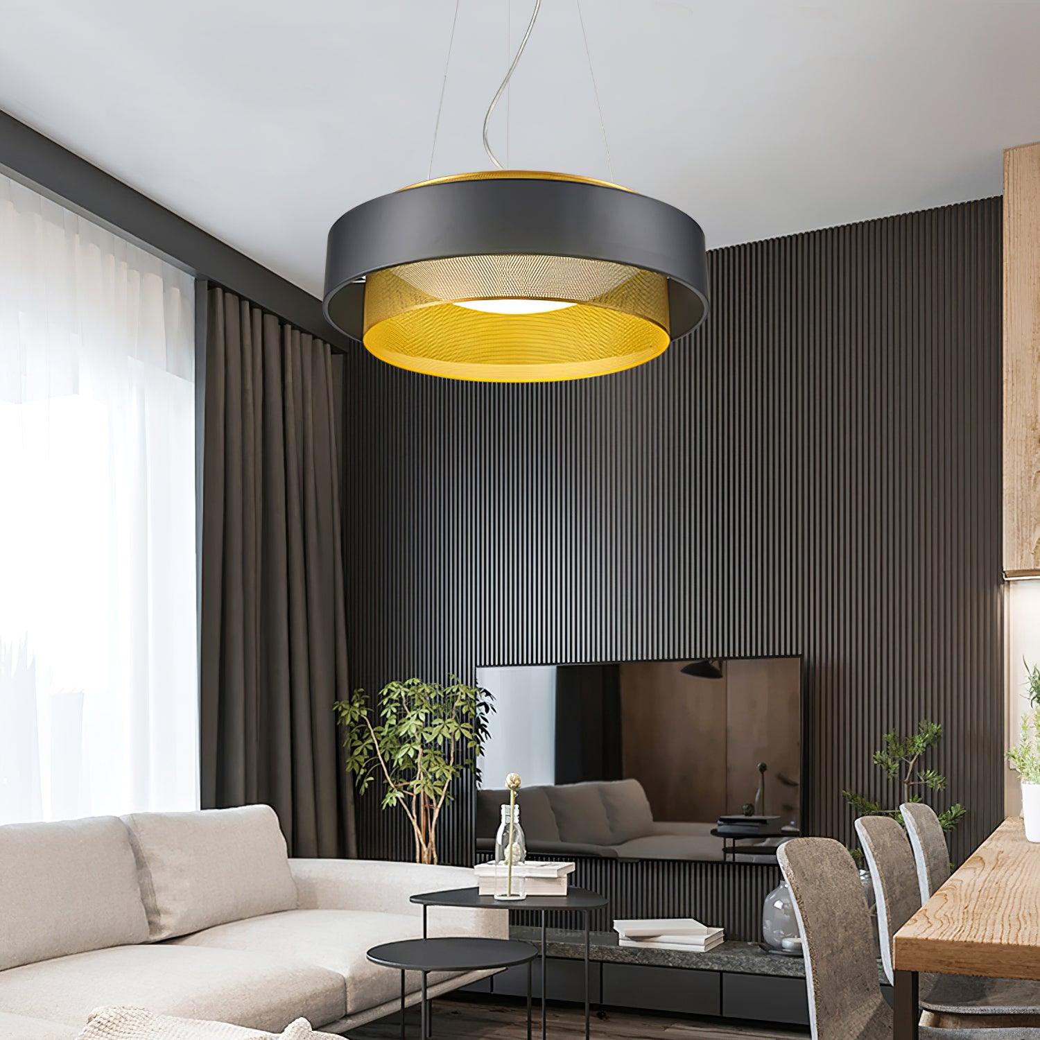 Modern Round Circular LED Pendant Light in Gold and Black Geometric Design