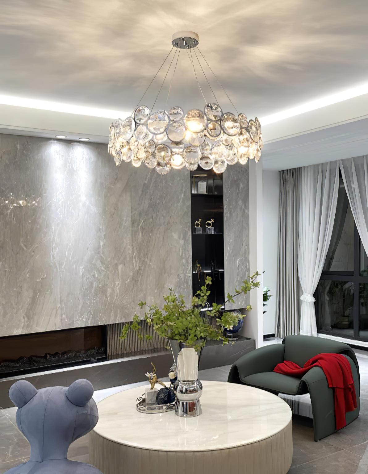 Modern Round Crystal Chandelier in Chrome Finish Elegant Flush Mount Ceiling Lighting