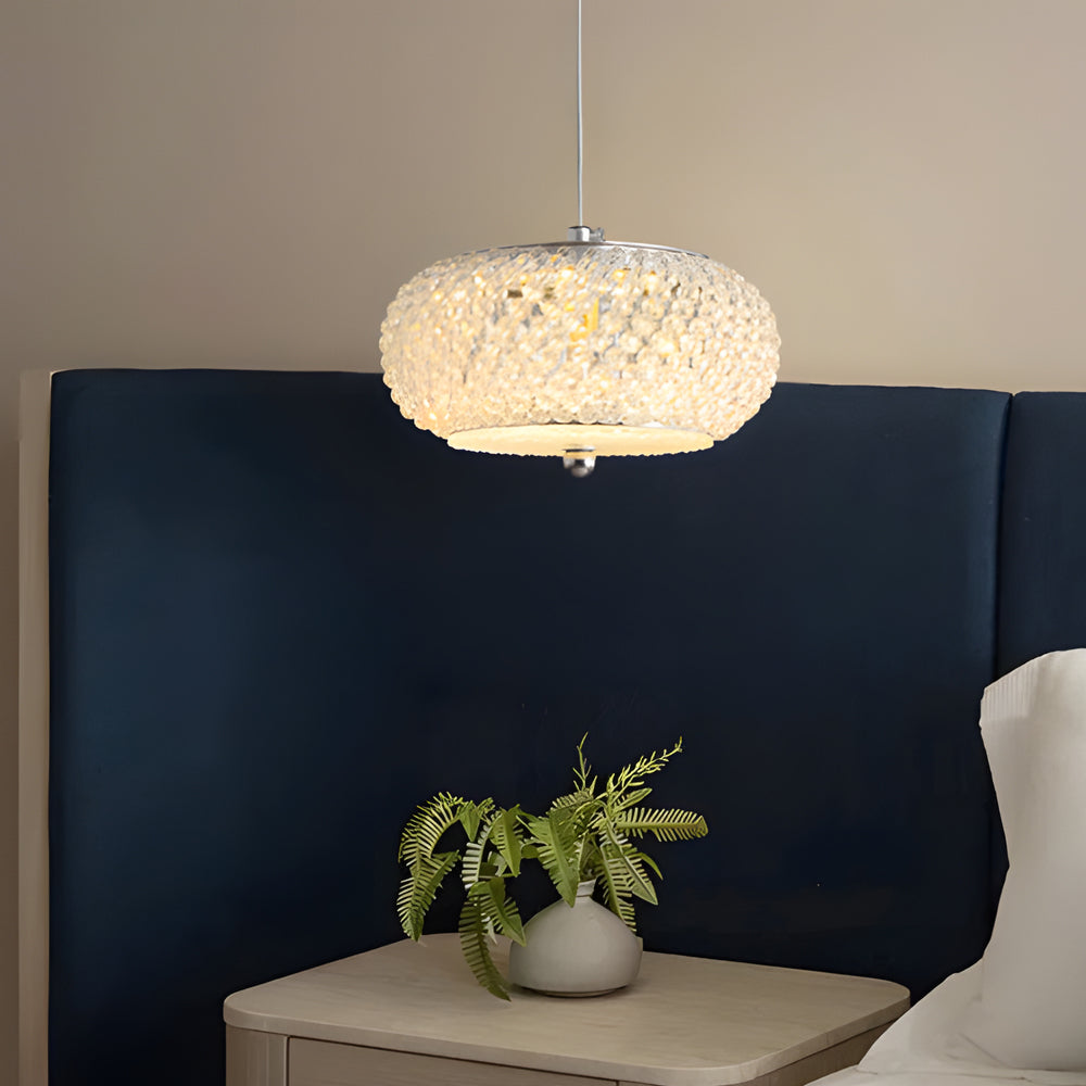 Modern Round Crystal Drum LED Pendant Light with 3 Color Dimming Chrome Finish