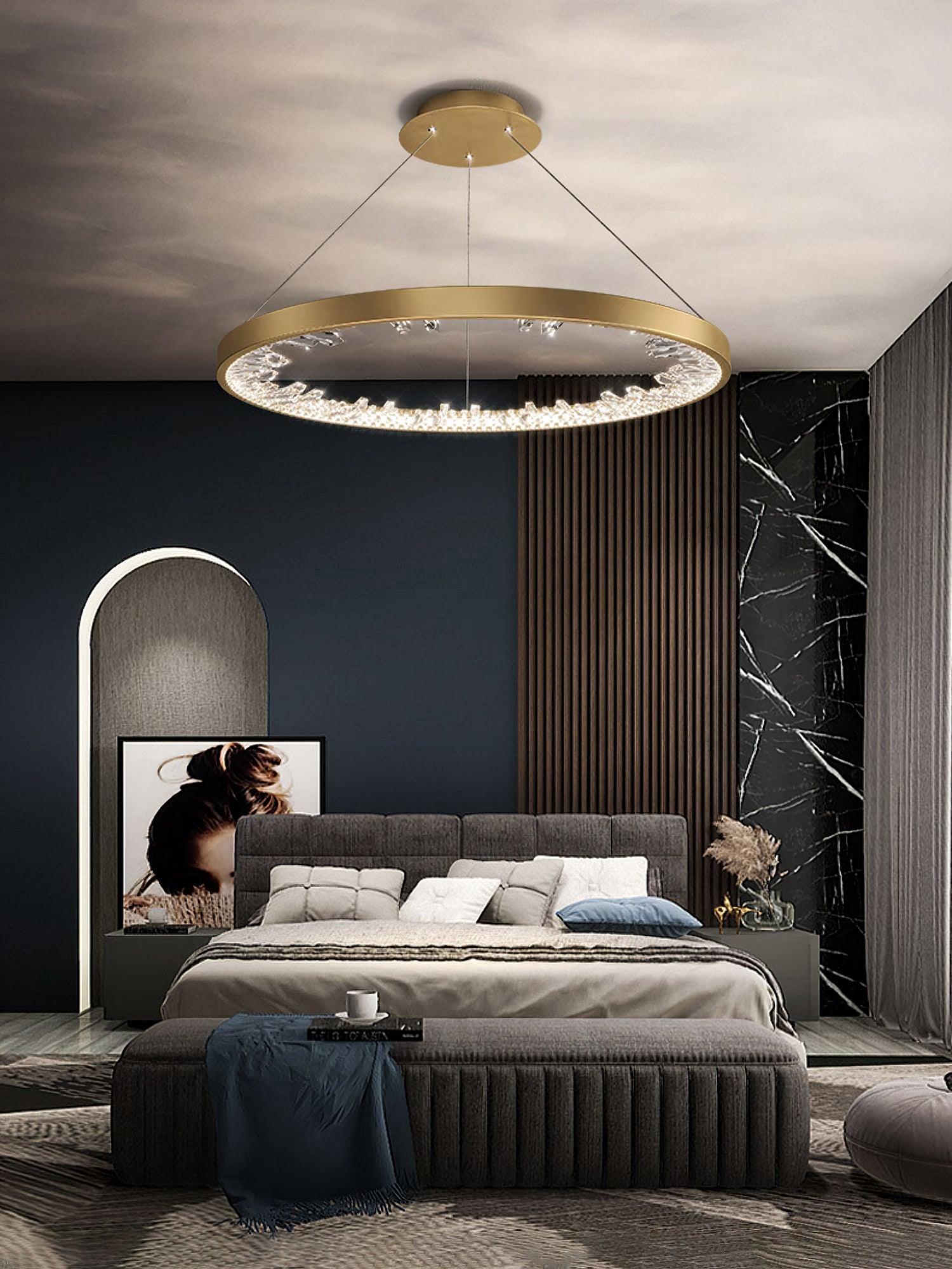Modern Round Crystal LED Pendant Light Gold Floating Ring Chandelier Ceiling Fixture