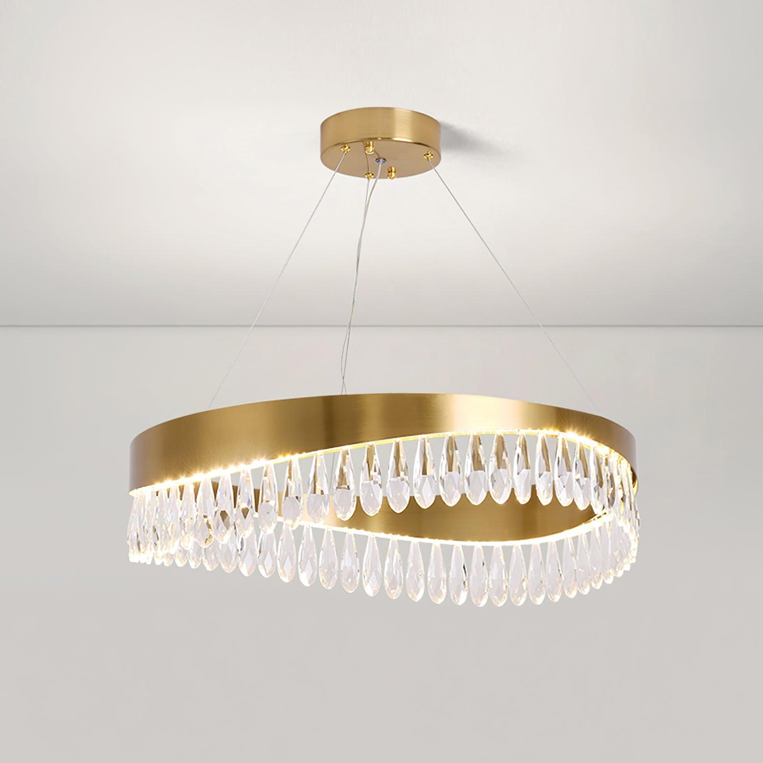 Modern Round Crystal Stick LED Chandelier Pendant Light with Copper Finish for Living and Dining Rooms