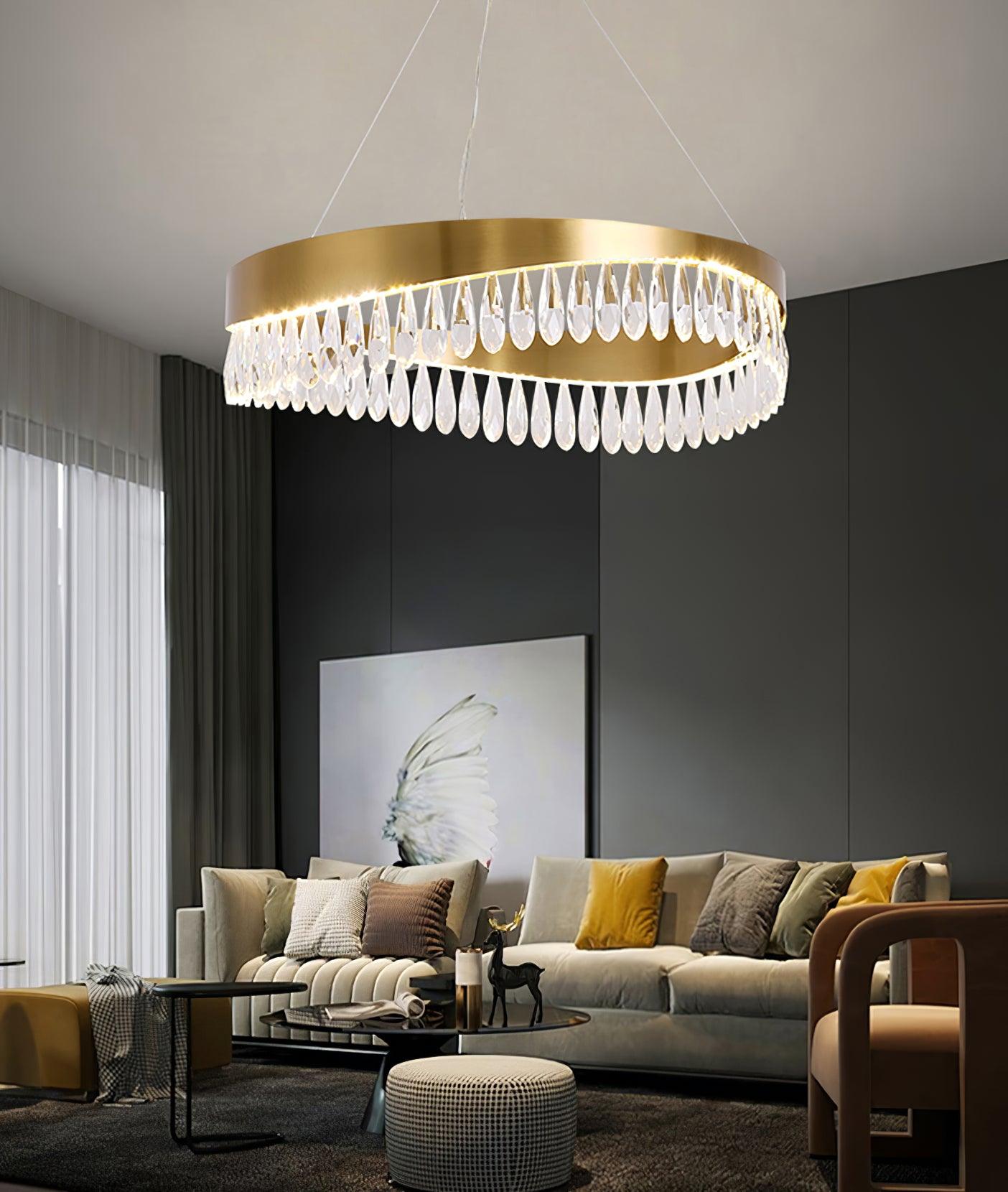 Modern Round Crystal Stick LED Chandelier Pendant Light with Copper Finish for Living and Dining Rooms