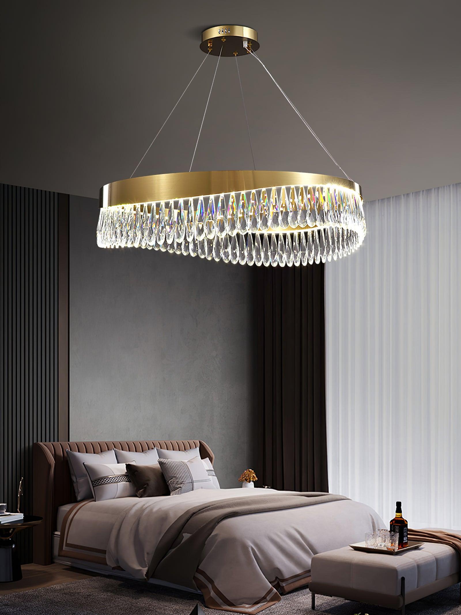 Modern Round Crystal Stick LED Chandelier Pendant Light with Copper Finish for Living and Dining Rooms