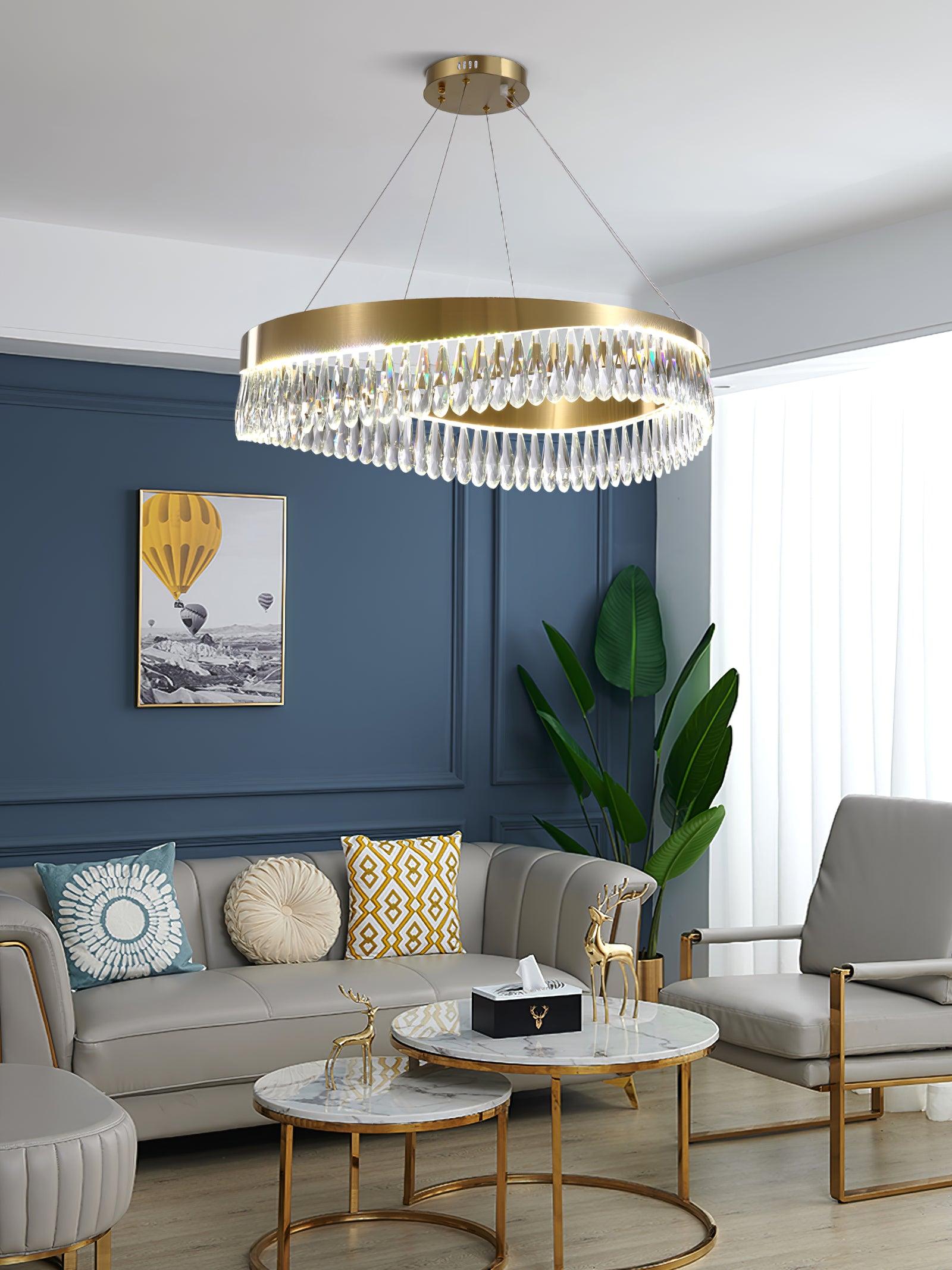Modern Round Crystal Stick LED Chandelier Pendant Light with Copper Finish for Living and Dining Rooms