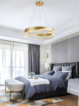 Modern Round Crystal Stick LED Chandelier Pendant Light with Copper Finish for Living and Dining Rooms