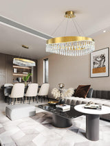 Modern Round Crystal Stick LED Chandelier Pendant Light with Copper Finish for Living and Dining Rooms