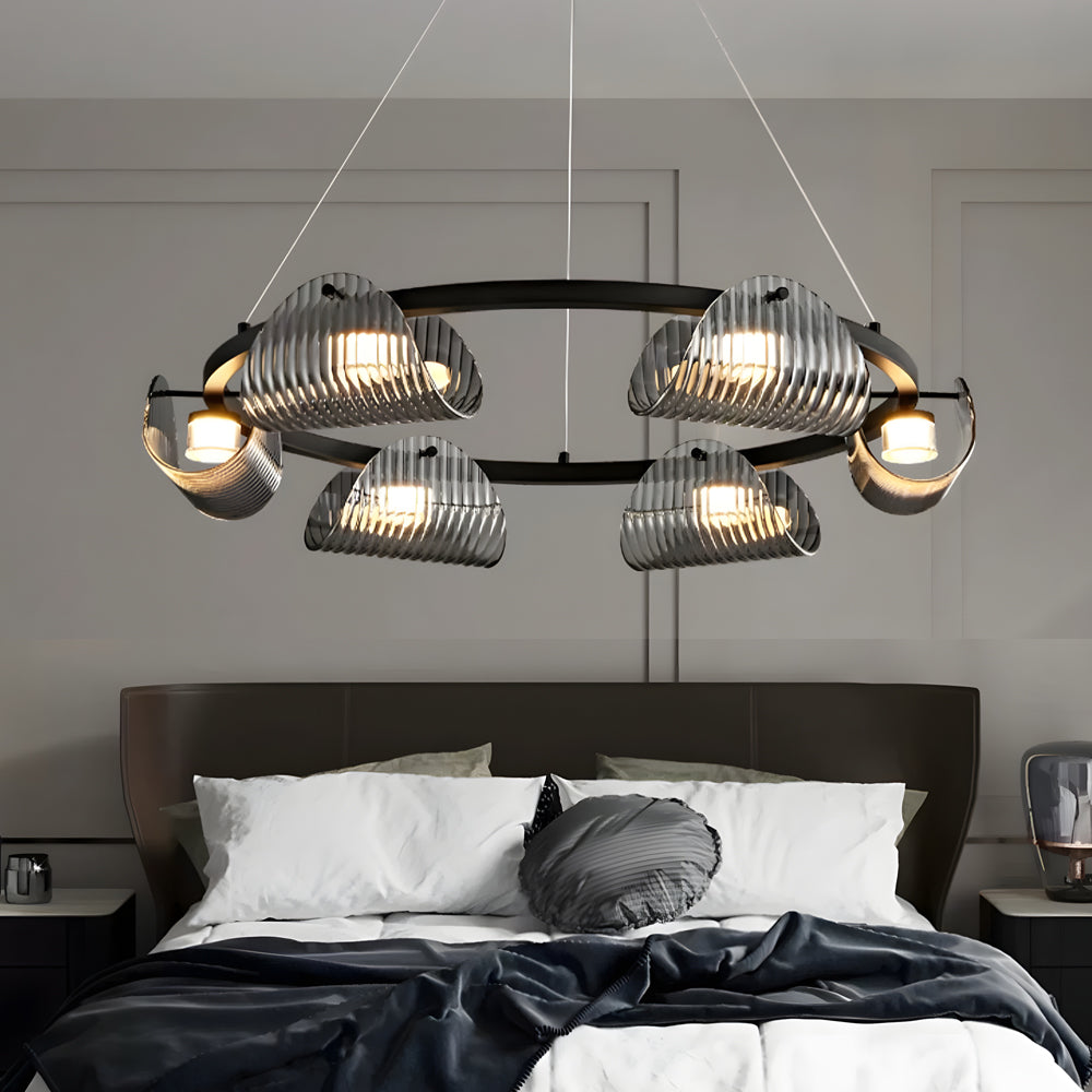Modern Round Curved Striped Glass LED Chandelier Nordic Smoke Gray Dimmable Pendant