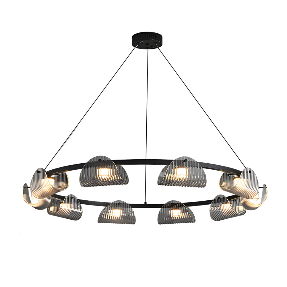 Modern Round Curved Striped Glass LED Chandelier Nordic Smoke Gray Dimmable Pendant