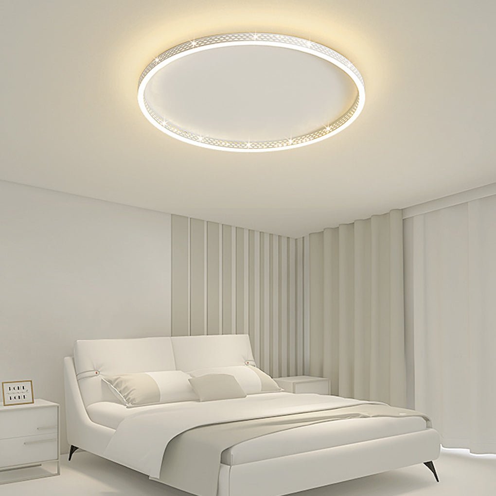 Dimmable Round LED Flush Mount Ceiling Light with Modern Hollow Edge Design for Bedroom