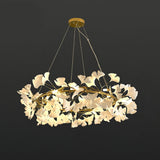 Modern Round Ginkgo Leaf Chandelier with Handcrafted Ceramic Petals and Metal Frame