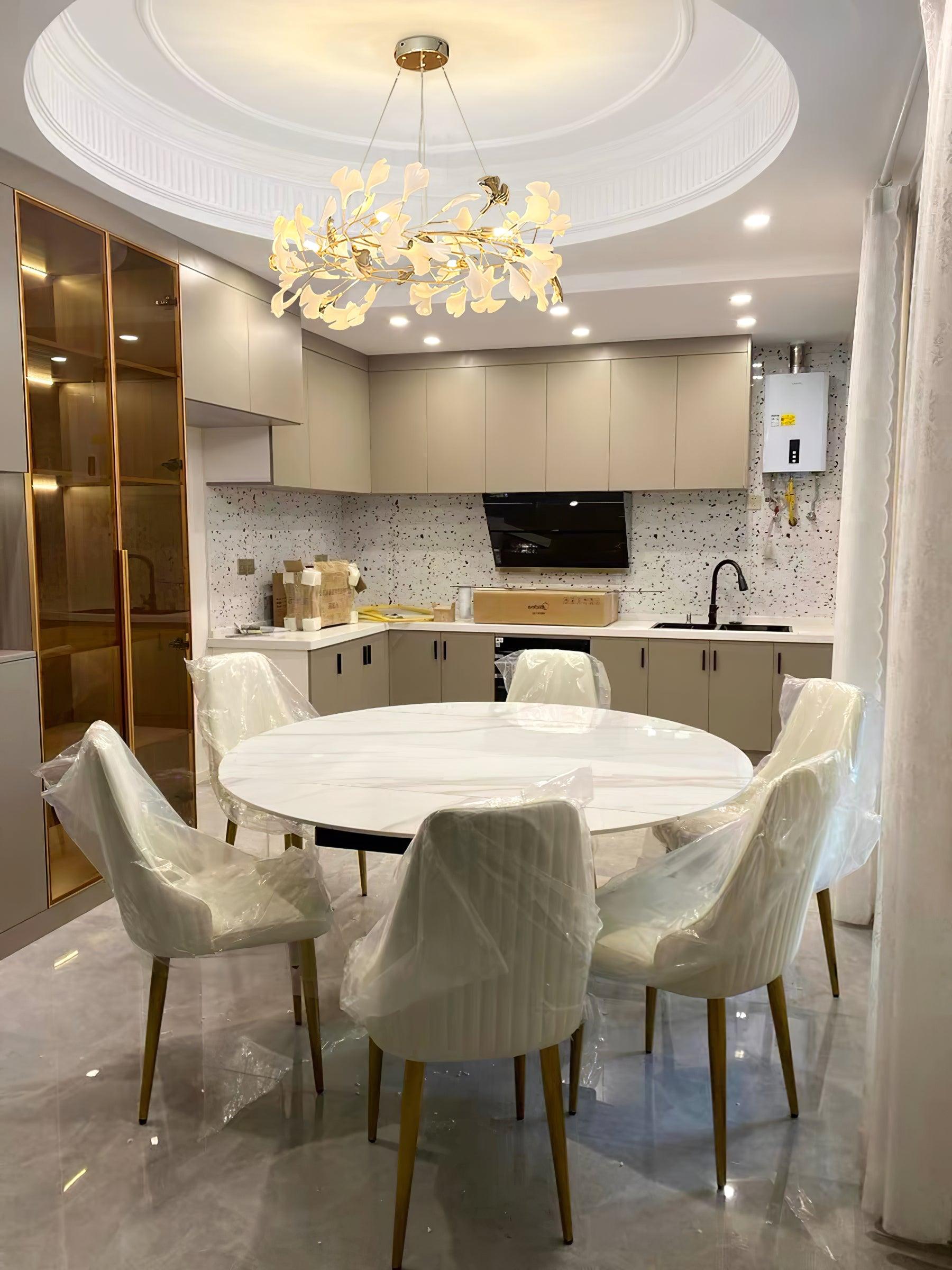 Modern Round Ginkgo Leaf Chandelier with Handcrafted Ceramic Petals and Metal Frame