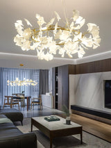 Modern Round Ginkgo Leaf Chandelier with Handcrafted Ceramic Petals and Metal Frame