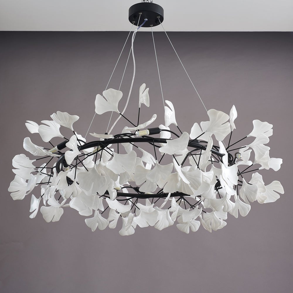 Modern Round Ginkgo Leaf Chandelier with Handcrafted Ceramic Petals and Metal Frame