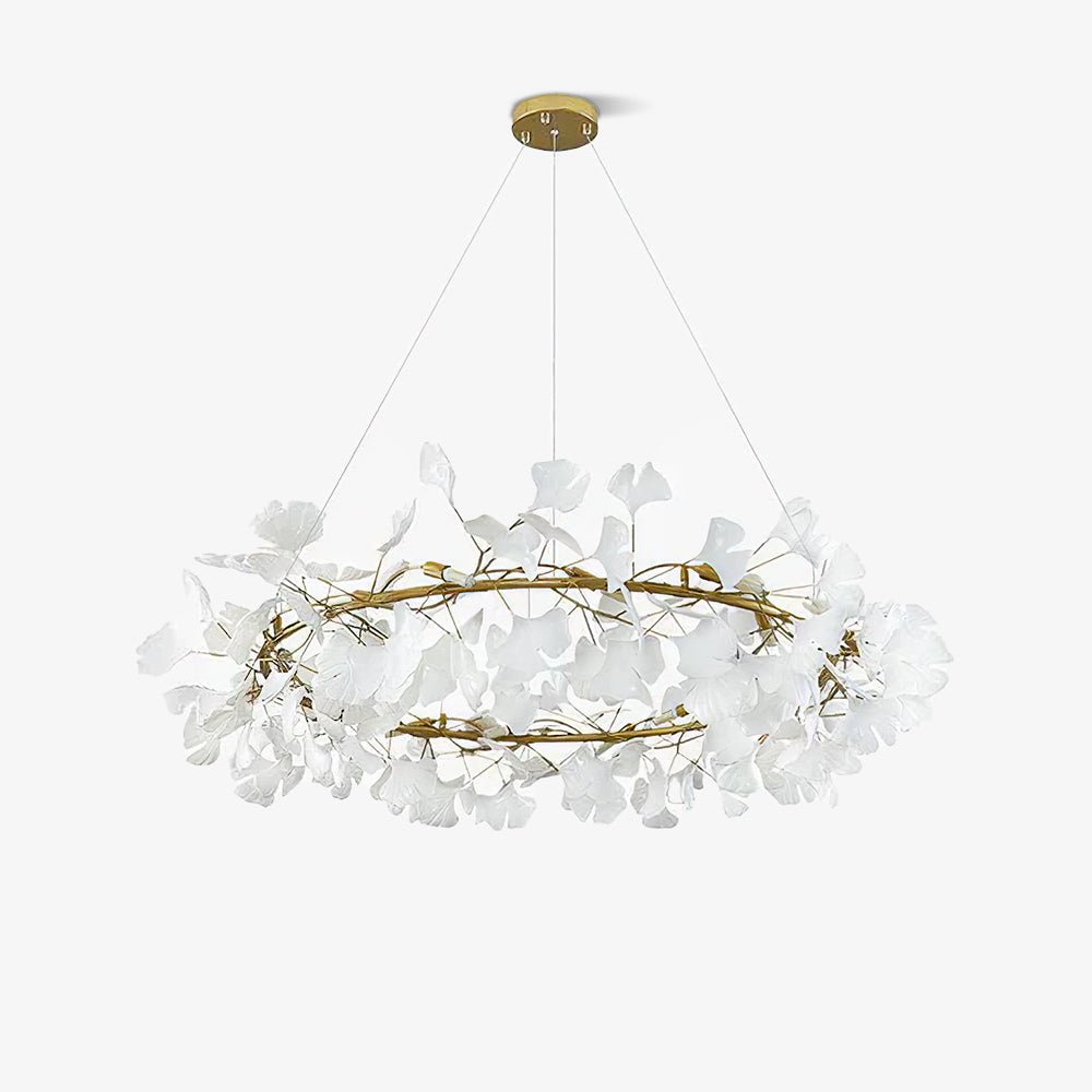 Modern Round Ginkgo Leaf Chandelier with Handcrafted Ceramic Petals and Metal Frame