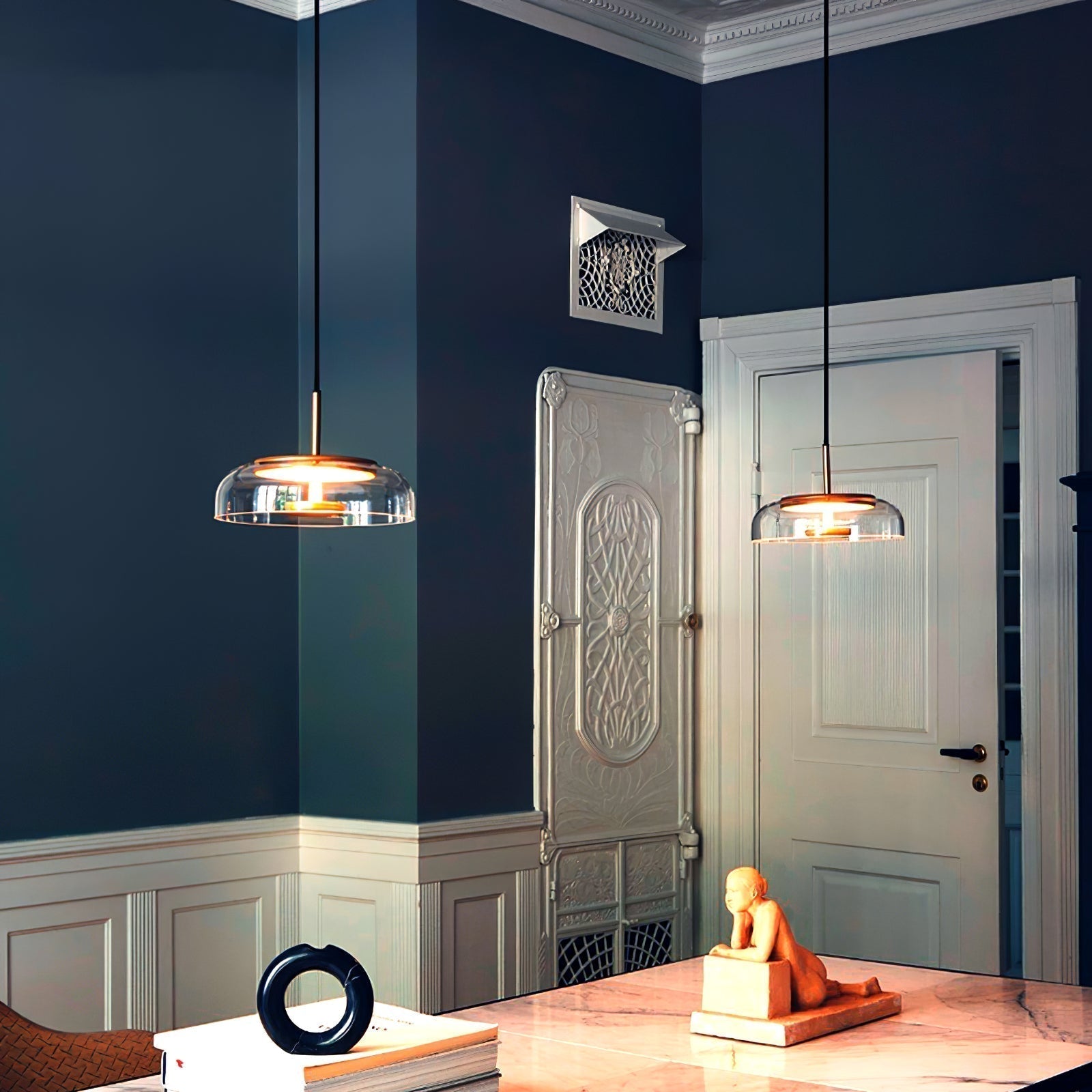 Modern Round Glass and Brass Pendant Light Fixture for Contemporary Interior Lighting